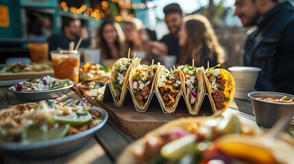 Delicious tacos with friends at outdoor food stall.
