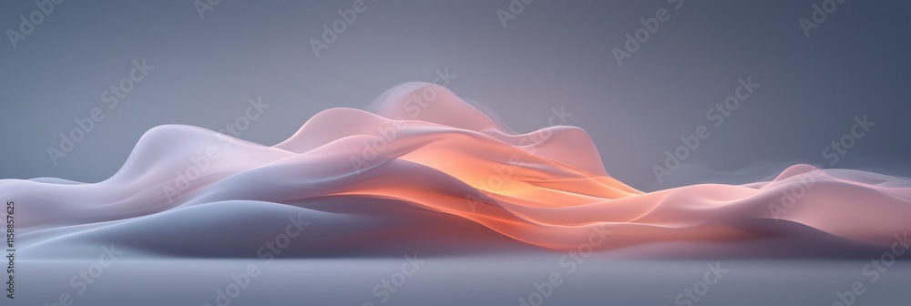 Poster a computer generated image of a mountain range with a pink and orange hue