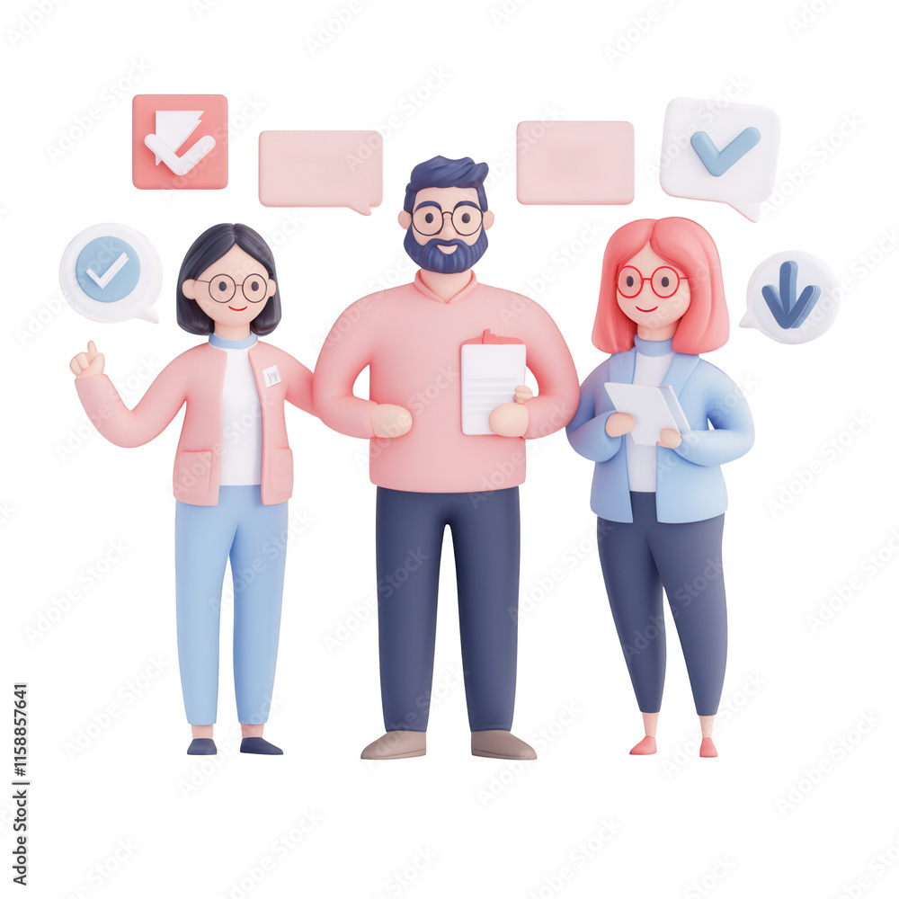 Poster three professional characters discussing tasks with speech bubbles in a modern style., isolated on a