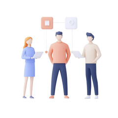 Obraz premium Three professionals collaborating on a digital project with charts and devices., isolated on a transparent background.