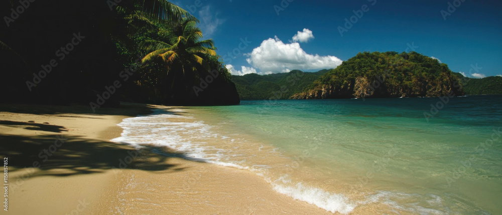 Poster serene beach with gentle waves and lush greenery under a clear sky