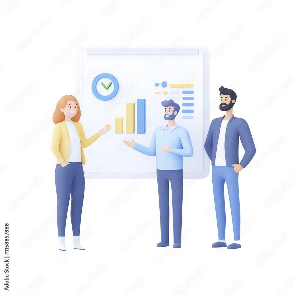 Poster three professionals discussing growth strategies and data insights in a modern office., isolated on 
