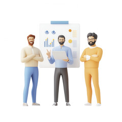 Three professionals discussing data insights with graphs and charts in a meeting., isolated on a transparent background.