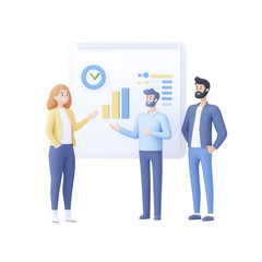 Three professionals discussing growth strategies and data insights in a modern office., isolated on a transparent background.