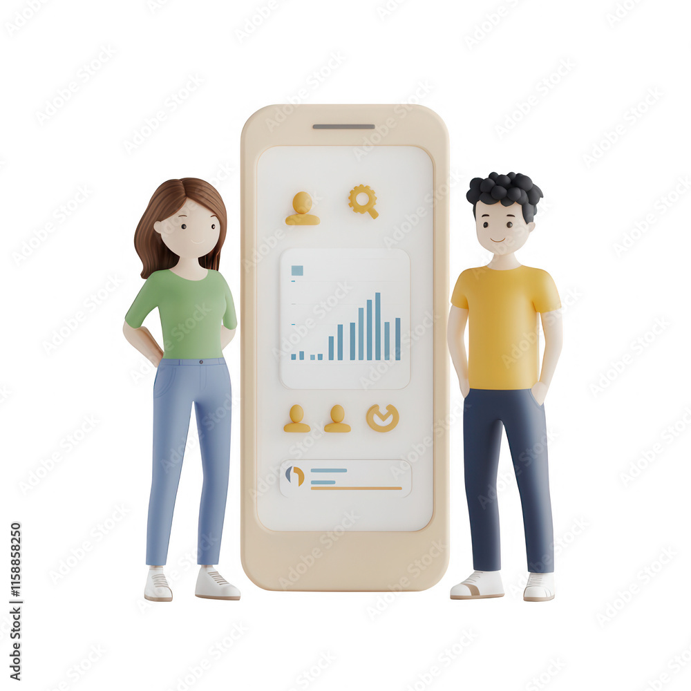 Poster two characters stand beside a smartphone displaying business statistics and charts., isolated on a t