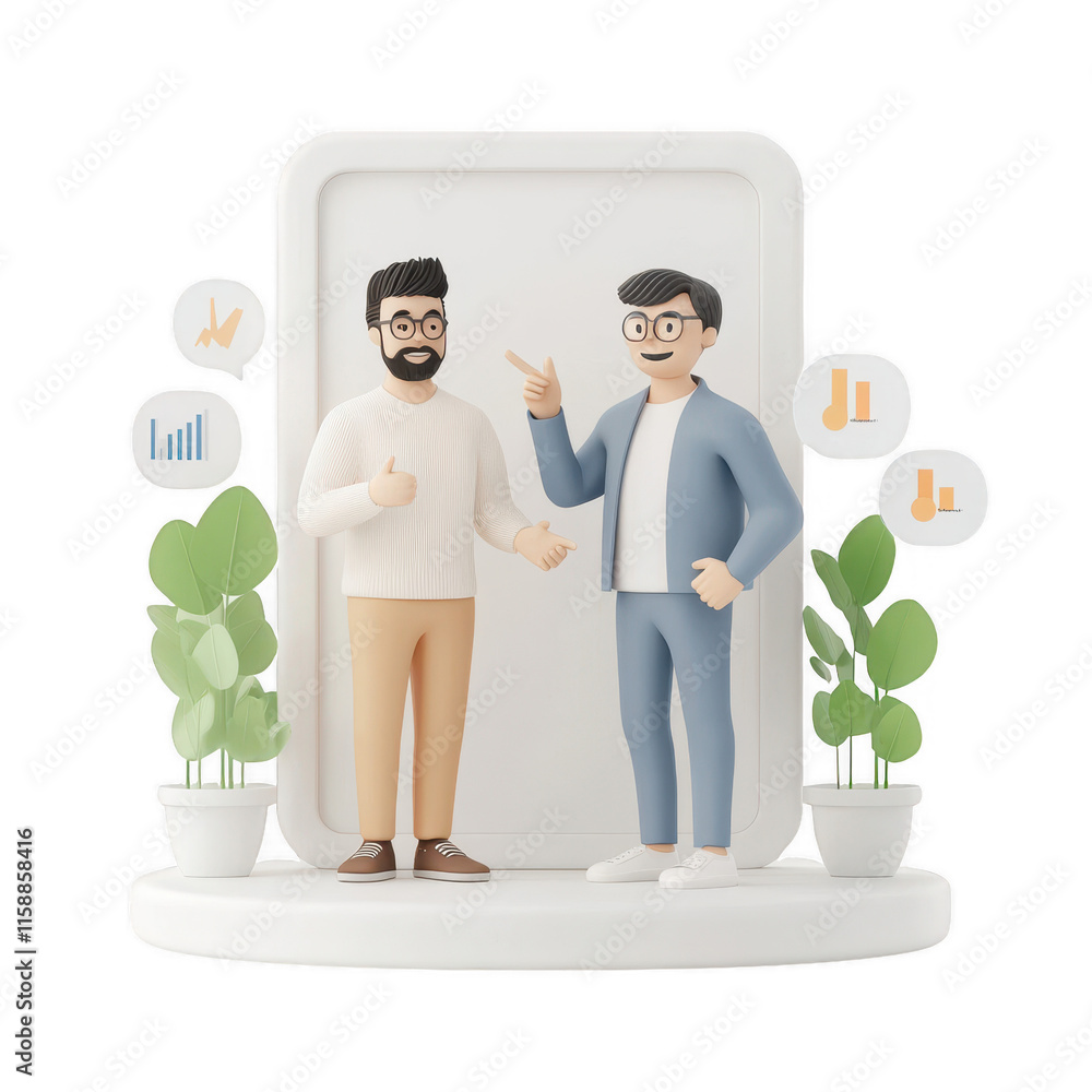 Poster two digital characters engaging in a business conversation with graphs in background., isolated on a