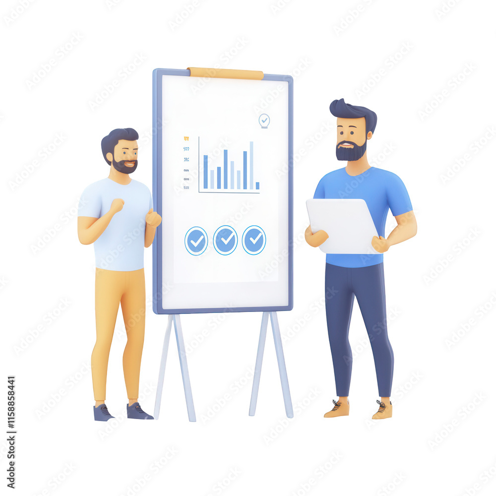 Poster two men discussing business graphs in a modern professional setting., isolated on a transparent back