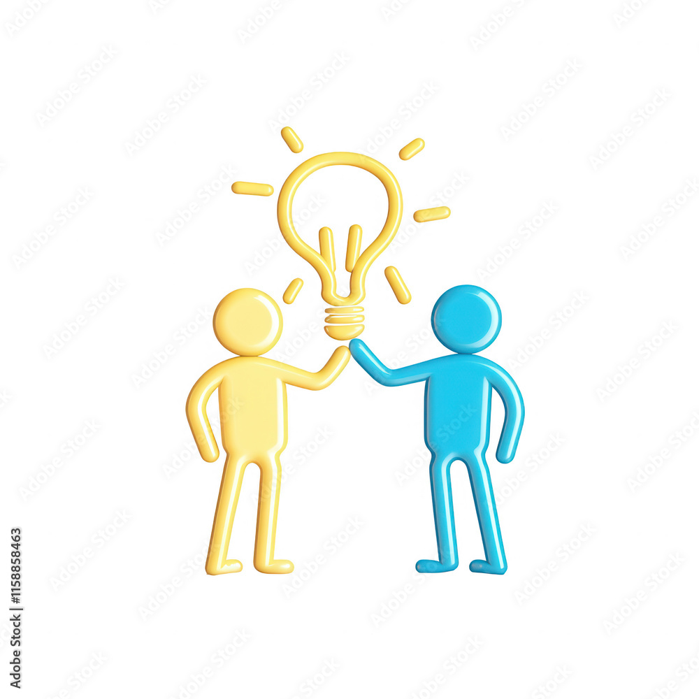 Poster two individuals collaborating to generate a creative idea symbolized by a lightbulb., isolated on a 