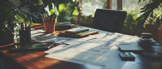 Shipping documentation displayed on a desk with greenery in a bright workspace