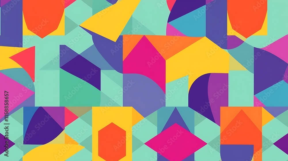 Poster vibrant geometric abstract: a captivating seamless pattern of overlapping colorful shapes and forms 