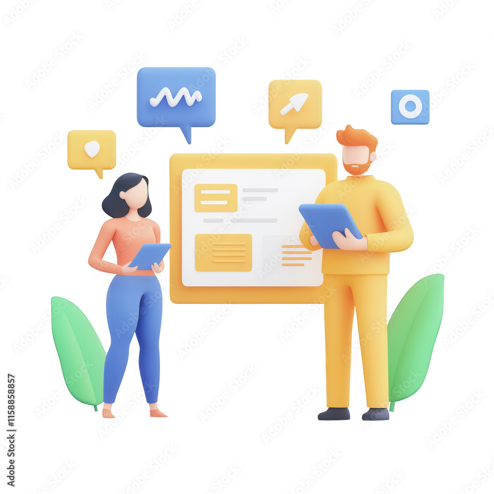 Poster two professionals collaborating with digital tools and communication bubbles., isolated on a transpa