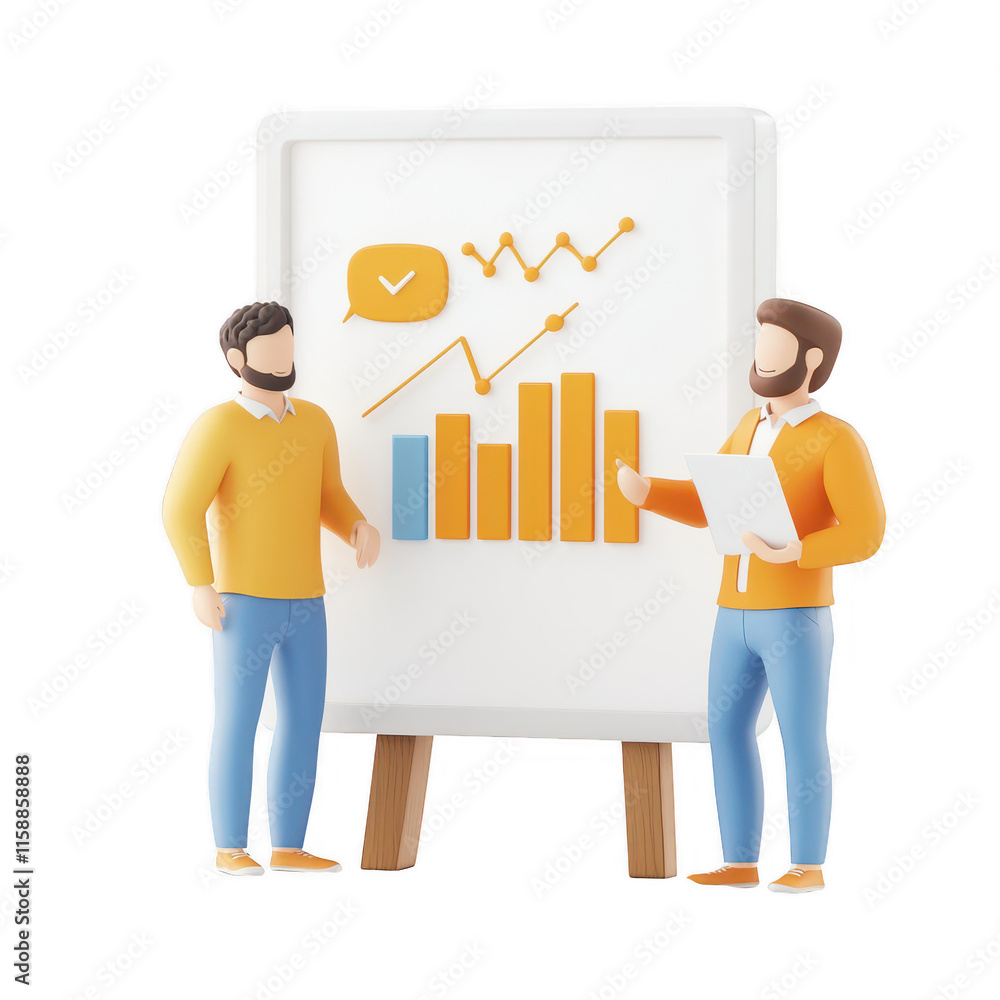 Poster two professionals discuss data trends and strategies with a presentation board., isolated on a trans