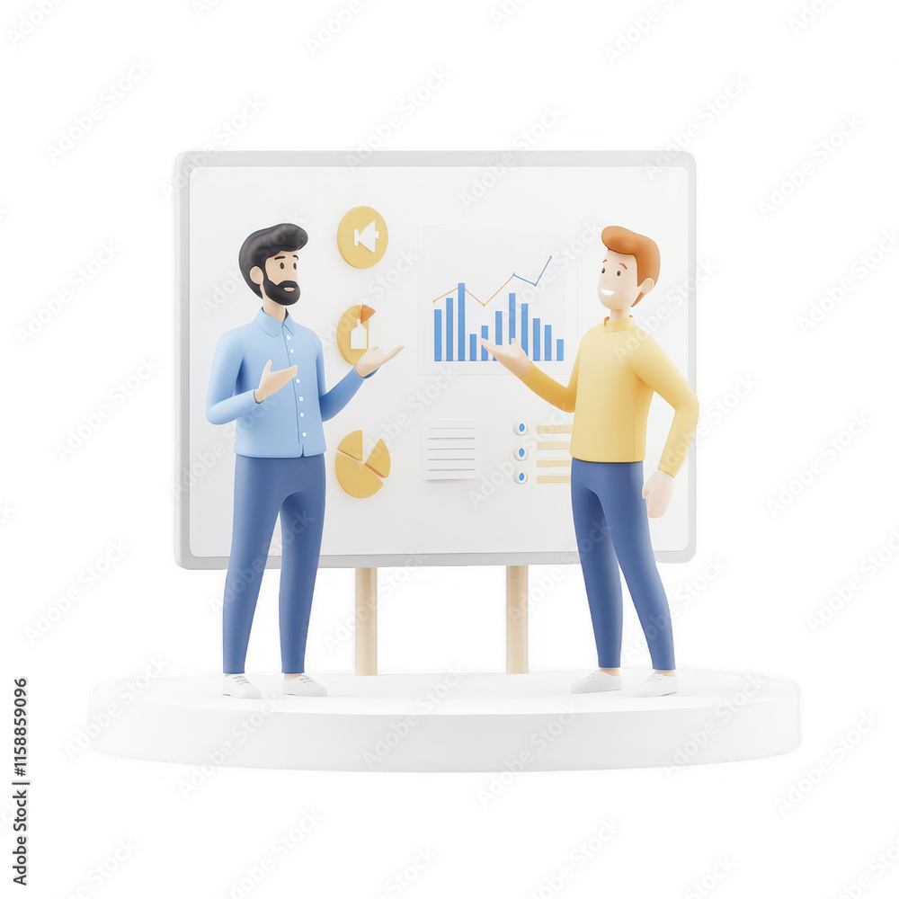 Poster two professionals discussing data in front of a presentation board., isolated on a transparent backg