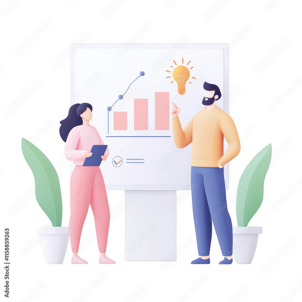 Poster two professionals discussing graphs and ideas for effective teamwork and growth., isolated on a tran