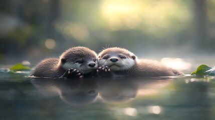Obraz premium Two adorable otter pups snuggle together in tranquil water