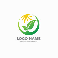 Green leaf and sun logo, leaf, plant fully editable vector template