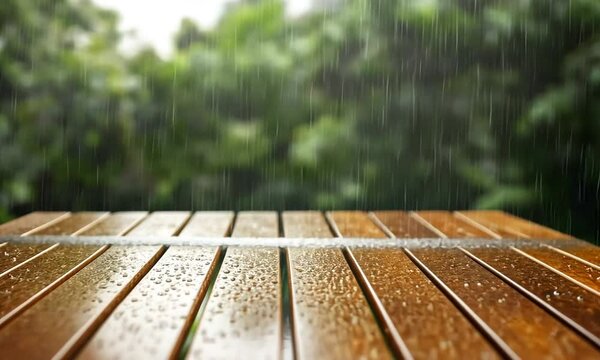 Rain-Soaked Wooden Tabletop Against a Blurred Green Background