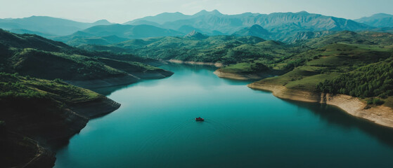 Fototapeta premium Cinematic view of a tranquil lake nestled among majestic mountains at dawn