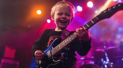 Naklejka premium Joyful Child Playing Electric Guitar on Stage in Colorful Lights