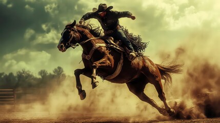Fototapeta premium Cowboy riding a horse at full speed, kicking up dust.
