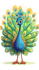 A colorful cartoon peacock stands proudly with its vibrant feather display.