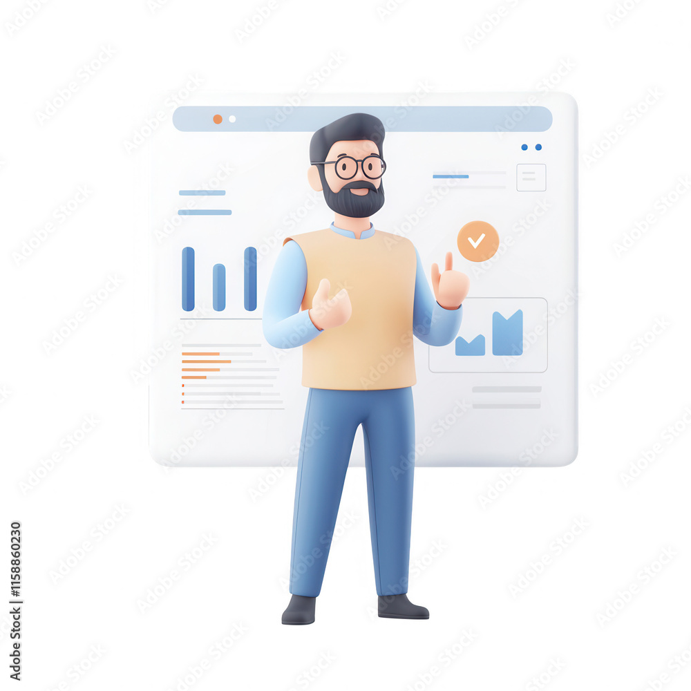 Poster a 3d character presenting analytical data on modern digital screens., isolated on a transparent back