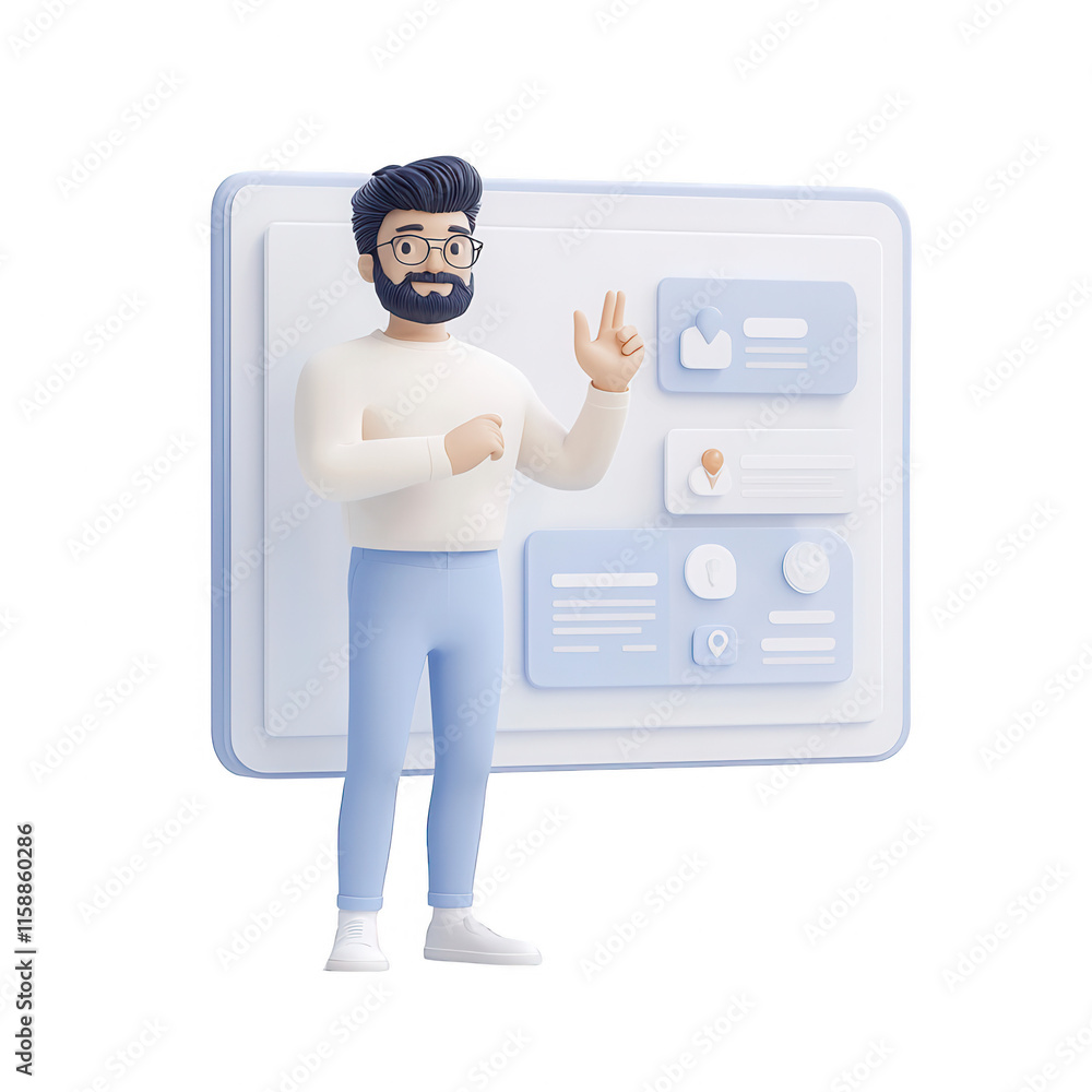 Poster a 3d character presenting data with a digital interface background., isolated on a transparent backg