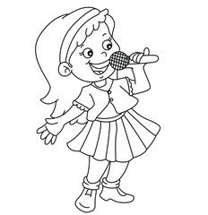 Cute cartoon hand drawn vector little girl singing song coloring page.