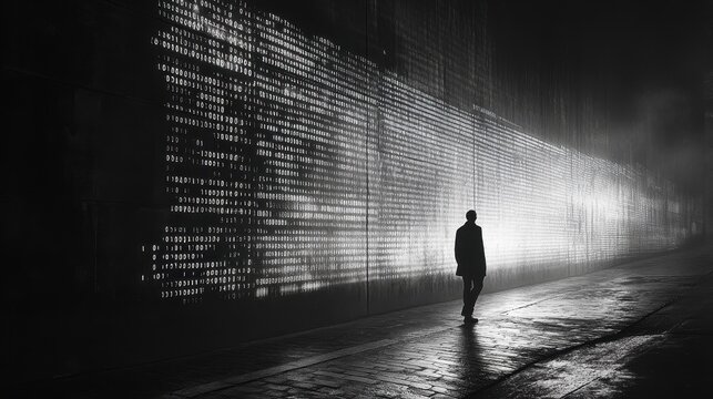 Minimalist black-and-white photograph of binary code displayed on a sleek monitor
