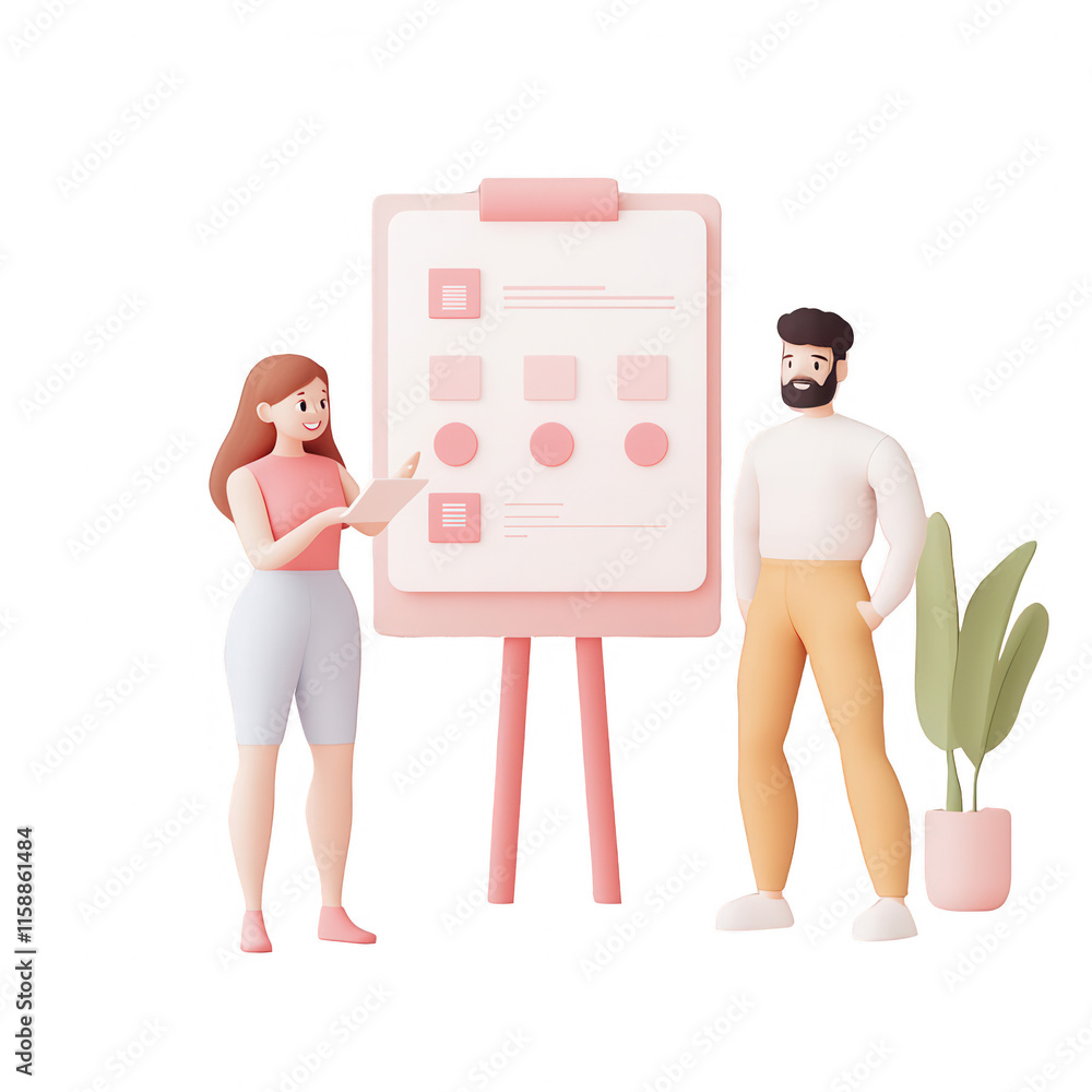 Poster a couple collaborating in a modern office setting with a presentation board., isolated on a transpar