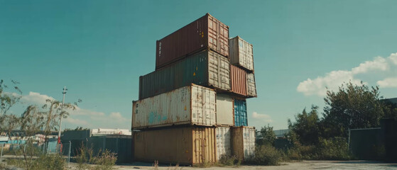 Cargo containers being unloaded at shipping facility during clear daytime sky