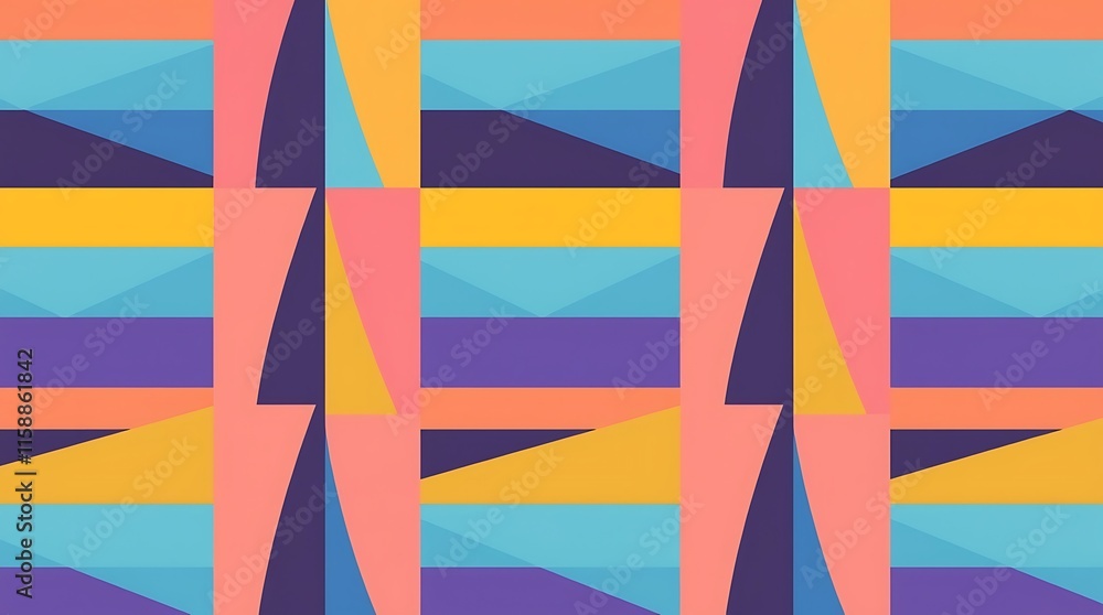 Poster Abstract Geometric Pattern: A vibrant and dynamic seamless pattern featuring overlapping geometric shapes in a mesmerizing kaleidoscope of colors.