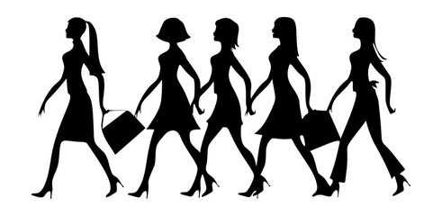 silhouette, woman, vector, people, fashion, illustration, model, body, beauty, black, girls, lady, dancer, group, dance, dress, art, outline, silhouettes, hair, style, pose, fun, business, icon