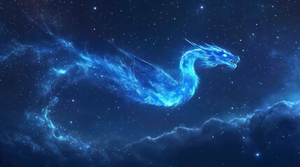 A celestial blue dragon soars through a starry nebula, its form composed of shimmering cosmic dust and gas.
