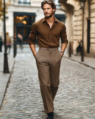 A sophisticated man in a mocha mousse shirt