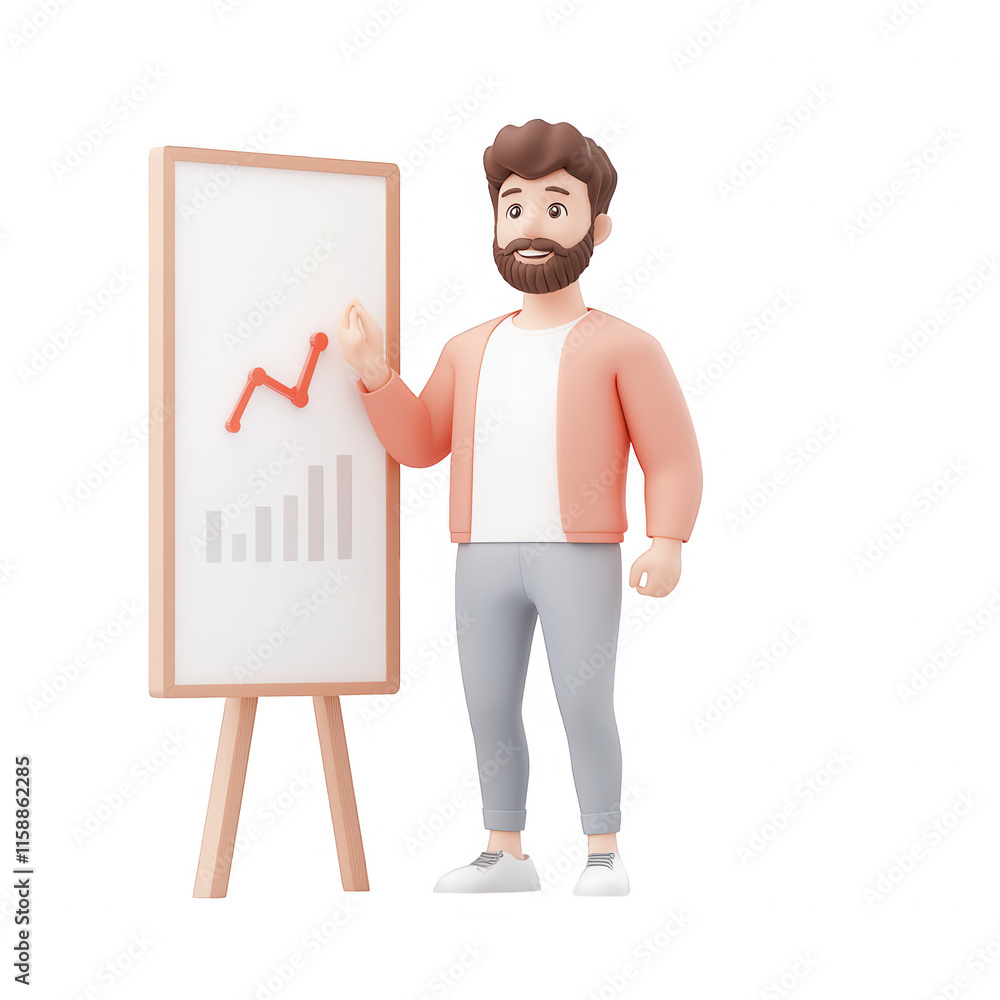 Poster a modern businessman presenting data insights on a chart with growth indicators., isolated on a tran