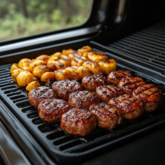 Grill with Cooking Meats, Outdoor Setting, Balanced Cookout, Stock Image