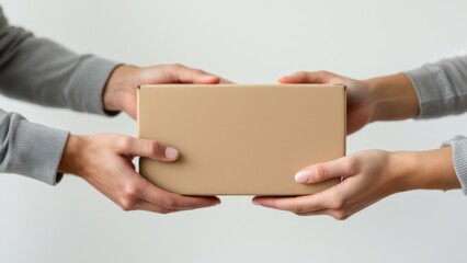 Hands exchanging a cardboard box, perfect for e-commerce delivery illustration.
