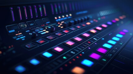 Close-up of illuminated music production console.