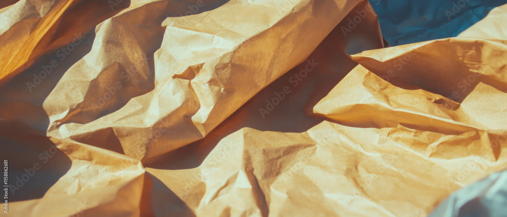 Poster Crumpled brown paper creating interesting texture and patterns in natural light