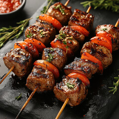 Grilled Shashlik, Seasoned with Cumin and Coriander, on Dark Surface, Outdoor Russian Barbecue Setting, Food Photography