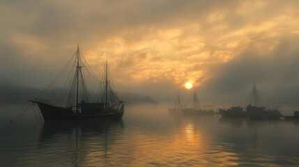 Fototapeta premium Sunrise over misty harbor with three sailing ships.