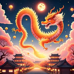 Obraz premium Golden dragon with lanterns and fireworks