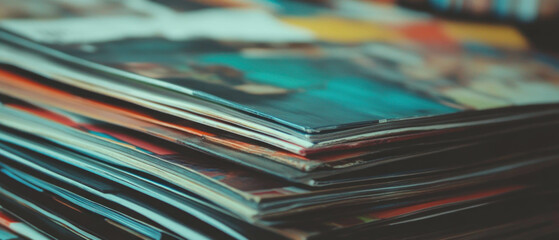 Glossy magazine pages stacked together showcasing colorful layouts and vibrant designs