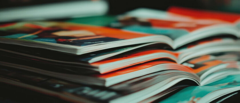 Colorful glossy magazine pages stacked in a cozy reading space filled with natural light