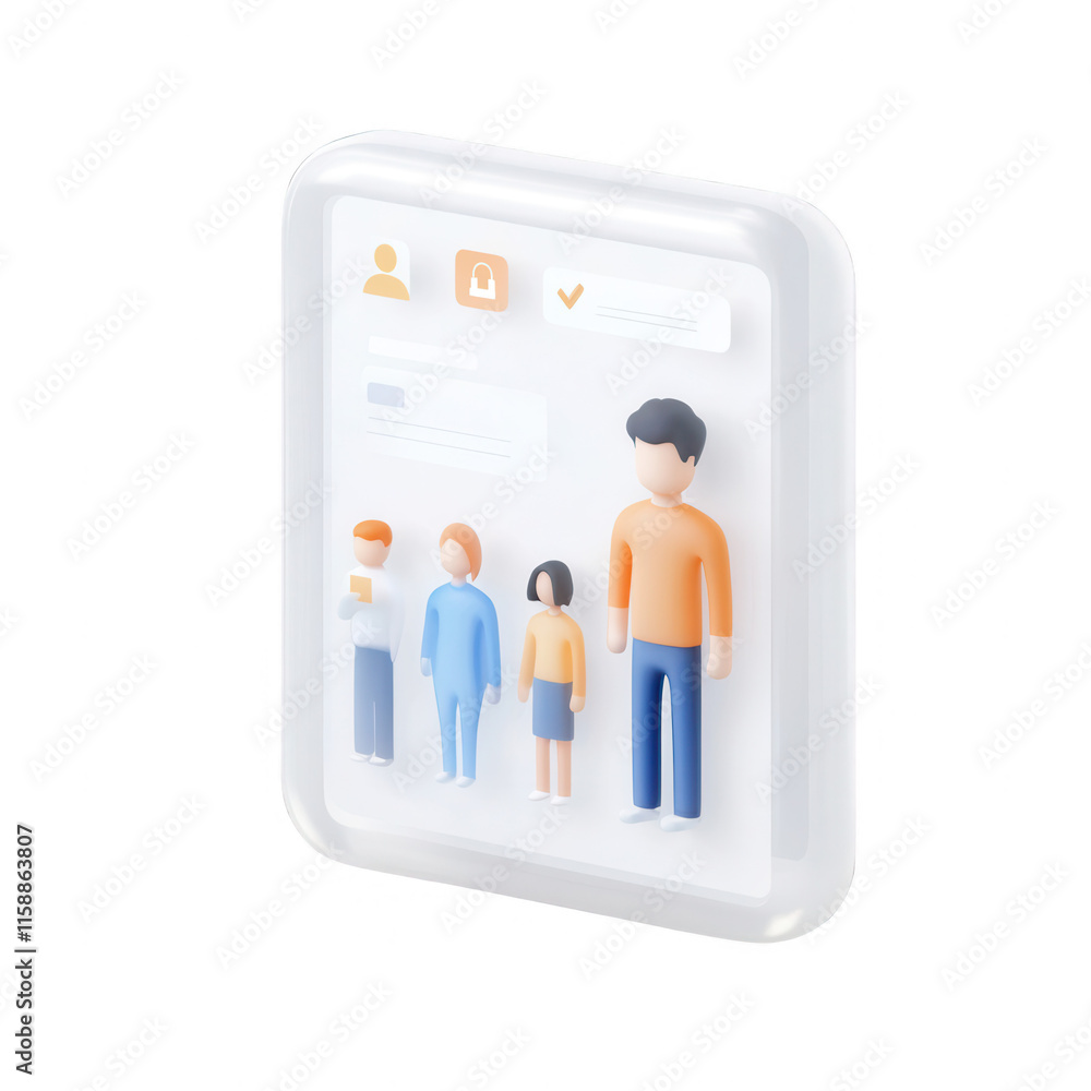 Poster illustration of a user interface showcasing diverse characters in a modern design., isolated on a tr