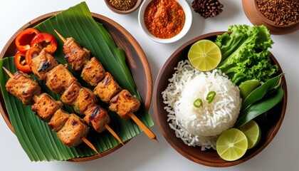 Grilled Pork Skewers with Fresh Vegetables and Rice on a Stylish Plate Presentation