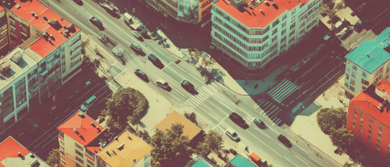 Fototapeta premium Cinematic aerial view shows bustling city streets and colorful rooftops
