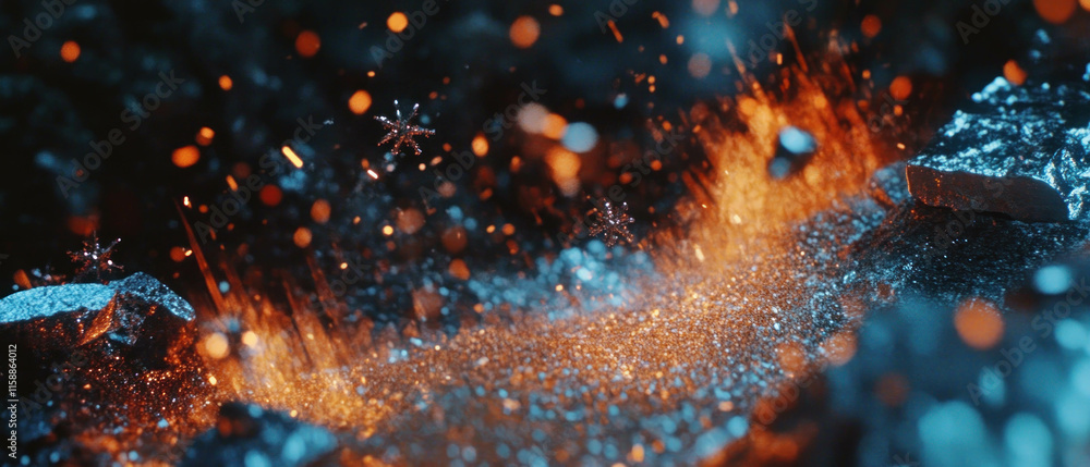 Poster cinematic texture of shimmering snowflakes falling on glowing surfaces in a dynamic landscape
