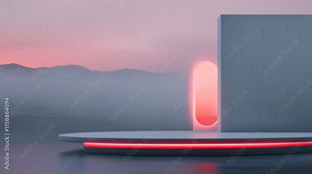 Poster A large white building with a red door sits in front of a mountain range